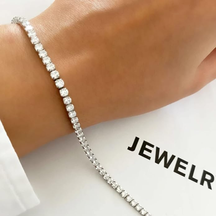 Tennis Necklace Bracelet for Women, Dainty Sterling Sliver Choker Necklace Crystal Link Bracelet Stud Earrings for Women Wedding Jewelry for Bride Jewelry Set Accessories
