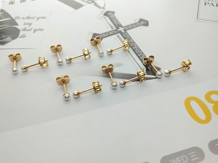 14K Gold Filled Polished Small CZ Pearl Ball Stud Earrings Set for Women Men 20G Surgical Steel Hypoallergenic Piercing Studs for Sensitive Ear, Pack of 6 Pairs