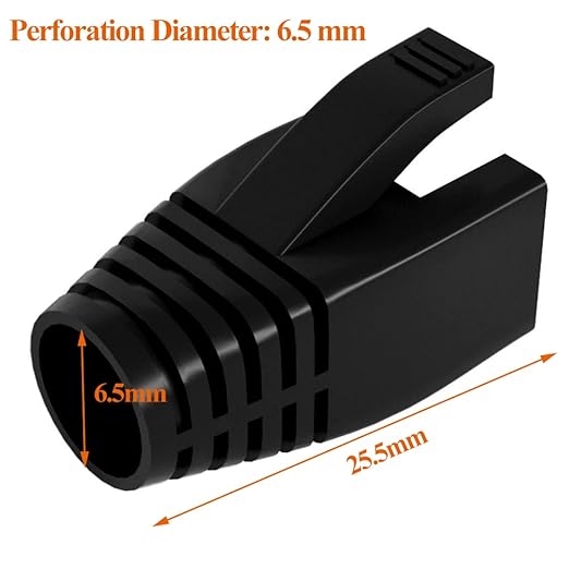 100Pack RJ45 Boot Cover, Cat5 Cat6 Cat6A Ethernet Network Cable Strain Relief Boot, Fits Overall Jacket Diameter 5.5-6.5MM Ethernet Cable (Hole Diameter: 6.5mm, Black)