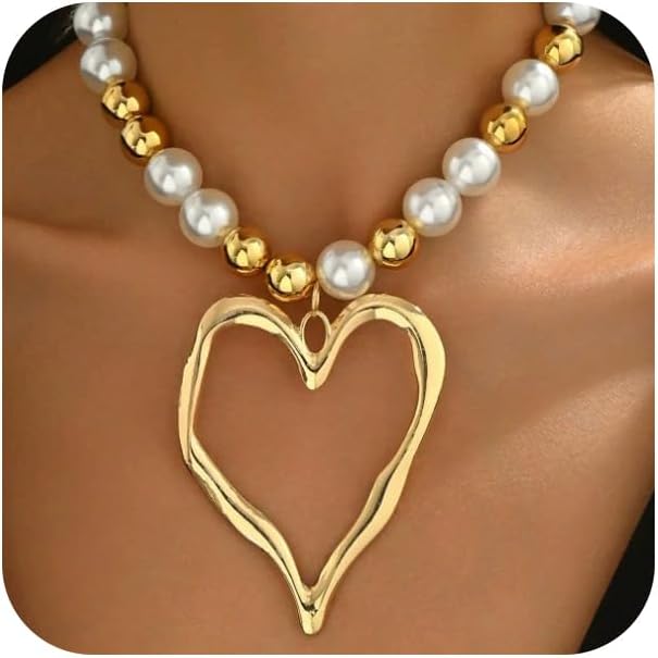 Unique Big Chunky Gold Heart Beads Necklace for Women, Charm Large Thick Hollow Love Heart Pendant Beaded Chain Choker Necklaces Party Y2K Jewelry Gift