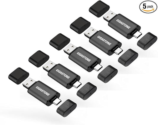 GIGASTONE 128GB Dual Flash Drive (5 Pack) Z40 USB 3.2 Gen 1, 2-in-1 Type-A & Type-C, 100MB/s Ultra Fast, Head Cap Design, Plug & Play for Smartphone/PC/Mac/TV/Car Audio, USB 2.0/3.0/3.1 Compatible
