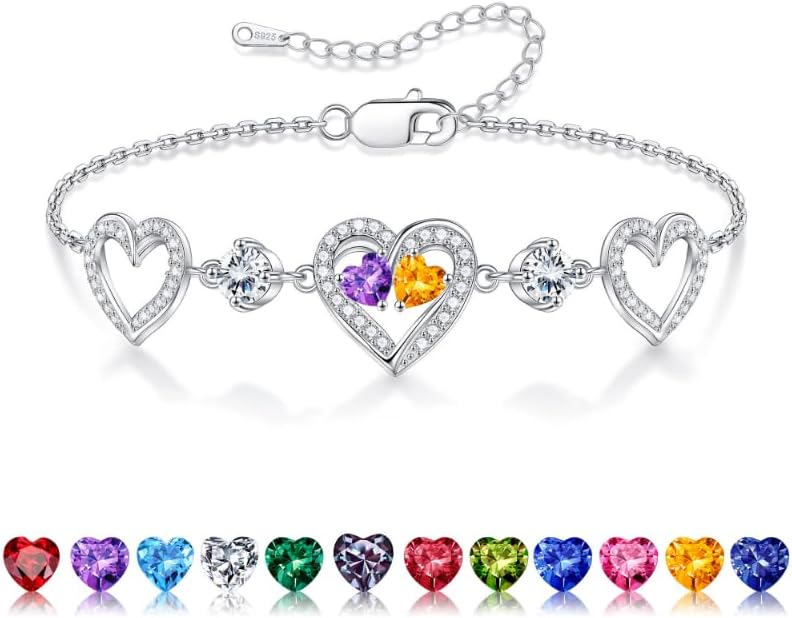 Iefil Valentines Day Gifts for Her - 925 Sterling Silver Heart Birthstone Bracelet Birthday Anniversary Jewelry Gifts for Her Wife
