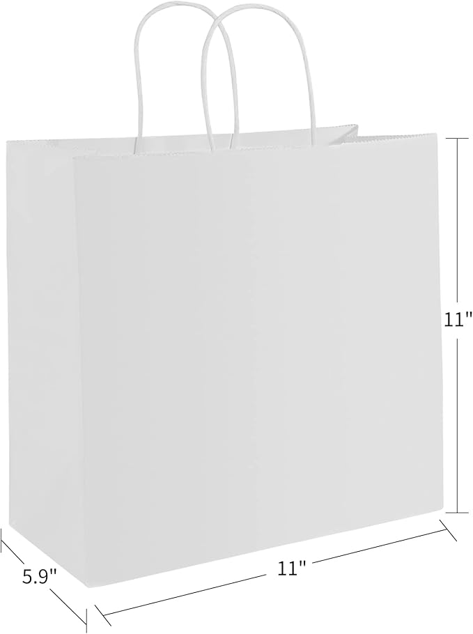PAICUIKE 100Pcs White Paper Bags with Handles, Large 11x6x11 Inch Kraft Shopping Bags for Retail, Gift Packaging, Parties, Weddings, Birthdays, Baking