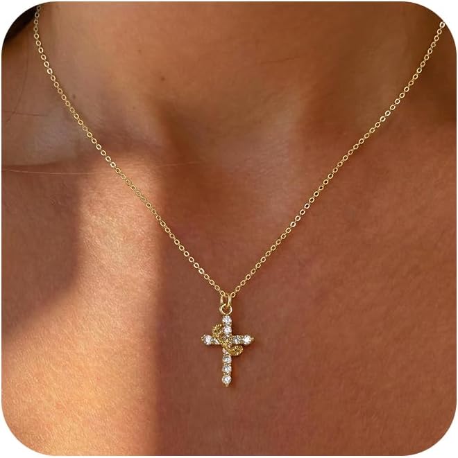 Tewiky Christian Gift Stocking Stuffers Cross Necklace for women-Dainty 14k Gold Plated/Silver Plated Pendant Necklaces Simple Cute Tiny Necklace Jewelry for Women