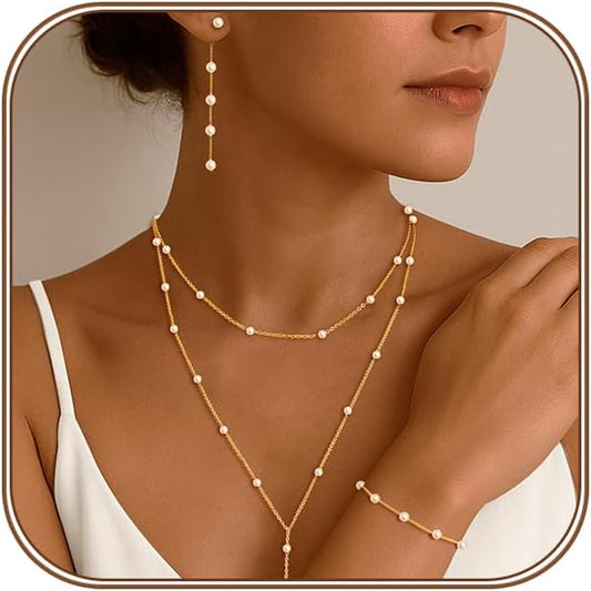 Gold Jewelry Set for Women - Dainty 14K Gold Plated Pearl Necklace and Earring Set with Drop Earrings, Bracelets, Choker Necklace - Wedding Jewelry Gift