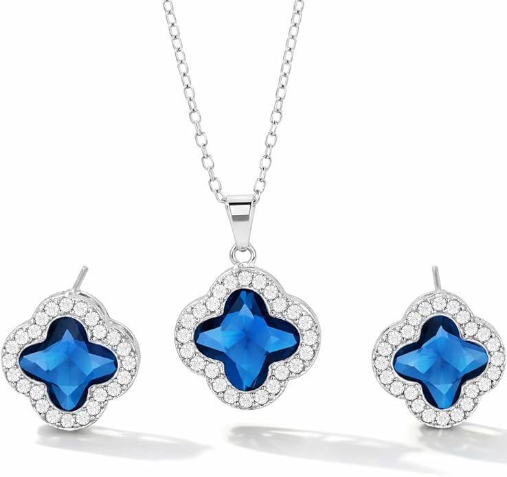 Four Leaf Clover Necklace and Earrings Set for Women, Clover Jewelry Set with Pendant Necklace and Stud Earrings, Brilliant Cubic Zirconia, Polished Metal Setting, Hypoallergenic, & Lightweight