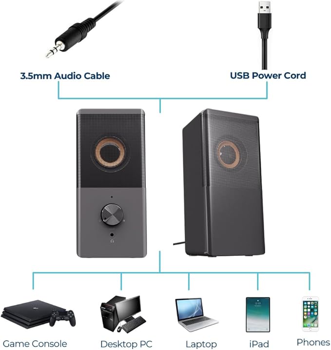 ROSON Computer Speaker, Compact Size Speaker with Headphone Jack, Enhanced Bass and Volume Control, Stereo 2.0 USB Powered 3.5mm Aux Multimedia Speakers for Laptop/Desktop/Tablets/Phone
