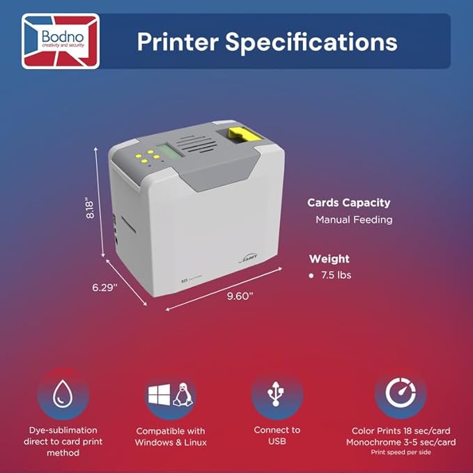 Bodno Seaory S25 Single Sided ID Card Printer & Complete Supplies Package ID Software - Silver Edition