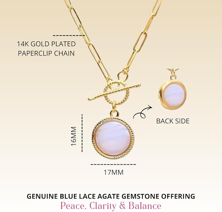 Gempires Gemstone Coin Front Toggle Pendant Necklace for Women with Gold Paperclip Chain, Natural Crystal Pendant with Toggle Clasp, Handcrafted Perfect Jewelry Gift for her