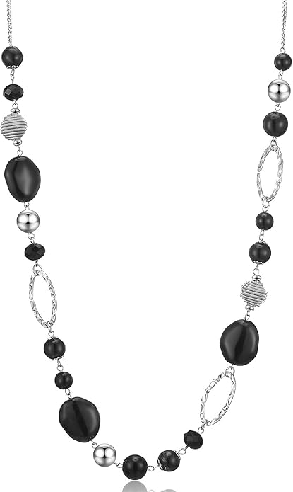 BULINLIN Beaded Long Necklace for Women Silver Sweater Chain Necklace with Crystal Resin Beads, Fashion Jewelry Necklace