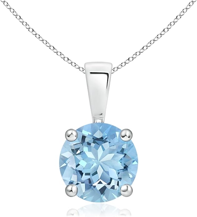 Angara Natural Aquamarine Solitaire Pendant for Women | Round Aquamarine Solitaire Pendant Necklace in 14K Solid Gold/Silver/Platinum With 18" Chain | March Birthday, Gemstone Jewelry Gift