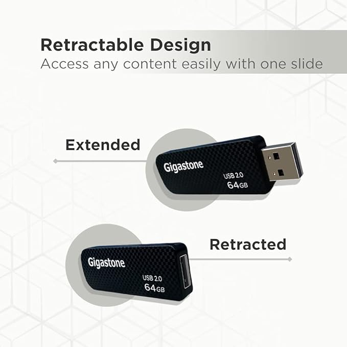 GIGASTONE V30 64GB USB 2.0 Flash Drive 5-Pack, Capless Retractable Design Pen Drive, Carbon Fiber Style, Reliable Performance & Durable