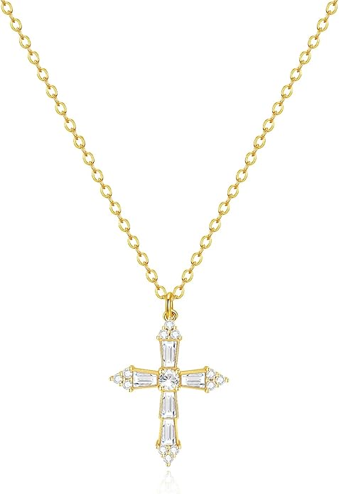 Zeffy Cross Necklace for Women,18K Gold/Silver Plated Tiny Cubic Zirconia Cross Pendant Necklace for Women Simple Layered Cross Necklaces for Women