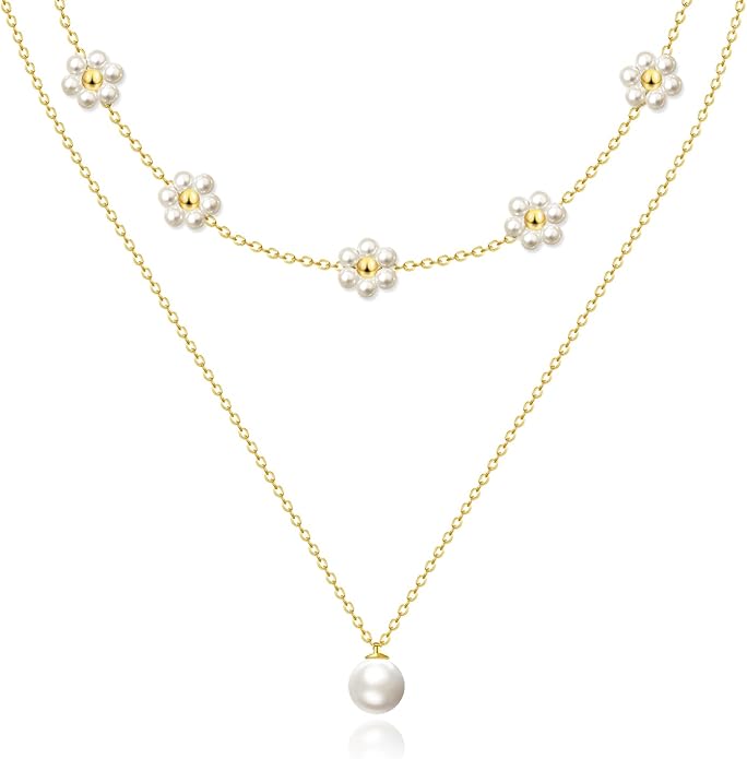 Zeffy Gold Pearl Necklace for Women, Dainty 14K Gold/Silve Plated Layered Pearl Choker Pearl Earrings Pearl Bracelets Wedding Trendy Gold Jewelry Set for Women Gifts