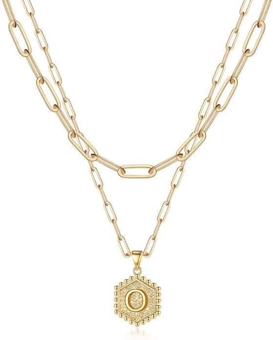 M MOOHAM Valentines Gifts for Women Teen Girls, 14K-Gold-Plated Initial Necklaces for Women Cute Hexagon Letter Initial Necklace Layered Necklaces for Womens Teen Girl Valentines Jewelry Gifts