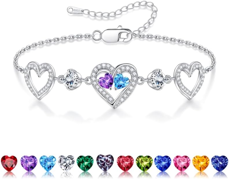 Iefil Valentines Day Gifts for Her - 925 Sterling Silver Heart Birthstone Bracelet Birthday Anniversary Jewelry Gifts for Her Wife