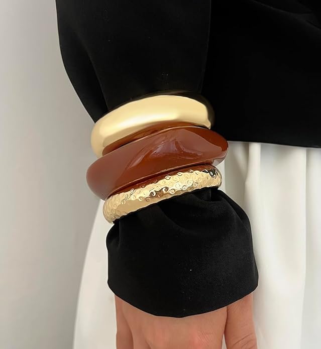 Chunky Gold Bangle Bracelets for Women, Dainty 14k Gold Plated Big Stackable Bangles Set, Trendy Statement Cuff Bracelet Stack Fashion Jewelry Christmas Gifts