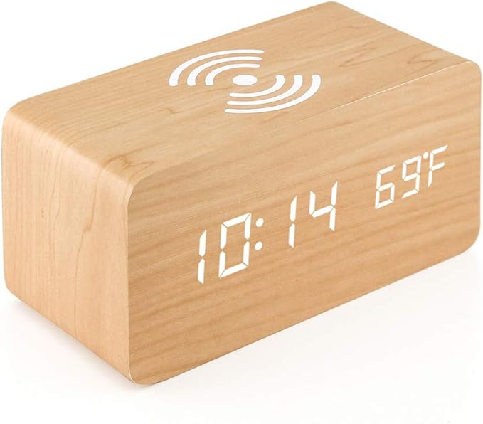 OCT17 Alarm Clock with Qi Wireless Charging Pad Compatible with iPhone Samsung Wood LED Digital Clock Sound Control Function, Time Date, Temperature Display for Bedroom Office Home - Wood