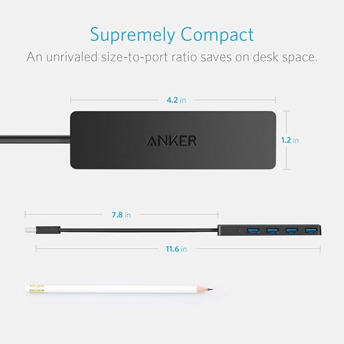 Anker 4-Port USB 3.0 Hub, Ultra-Slim Data USB Hub with 2 ft Extended Cable [Charging Not Supported], for MacBook, Mac Pro, Mac mini, iMac, Surface Pro, XPS, PC, Flash Drive, Mobile HDD