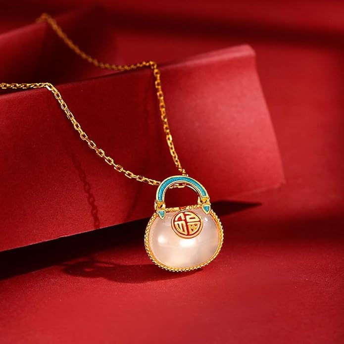 14K Gold Real Natural Jade Enamel Fortune Bag Necklace, Unique Vintage Style Jade Pendant, Delicate Jade Jewelry Gift for Wife's Prosperity