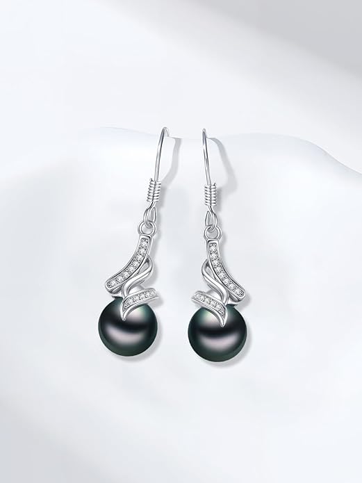 Tahitian Black Pearl Earrings Gifts for Women Wife Celtic Dangle Drop Earrings Wedding Birthday Anniversary Jewelry Valentines Christmas Day Gifts 925 Sterling Silver