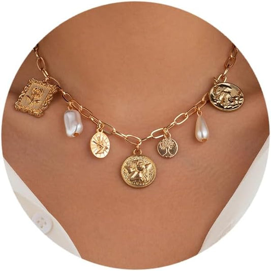 Gold Chic Charm Necklace for Women With White Pearl Square Pendant Adjustable Retro Boho Beach Style Trendy Summer Shell Pearl Coin Paperclip Chain Necklaces Jewelry for Women (style2)