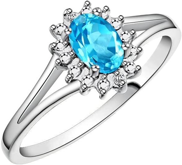 Rylos 14K White Gold Classic Halo Ring: Diamonds, 6X4MM Oval Gemstone - Birthstone Jewelry for Women - Stunning Diamond Gold Ring Sizes 5-10