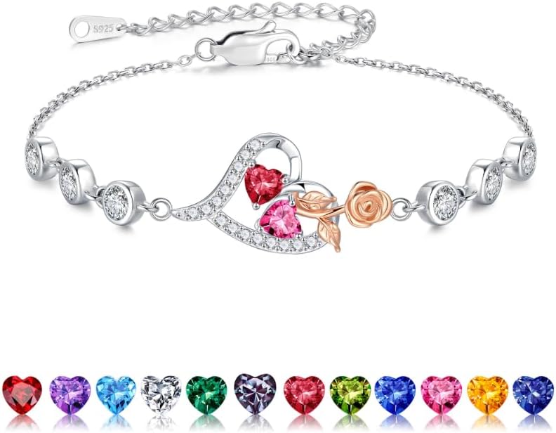 Iefil Valentines Day Gifts for Her - 925 Sterling Silver Rose Heart Birthstone Bracelets, Anniversary Birthday Gifts for Women Wife Mom Daughter, 6"+2"