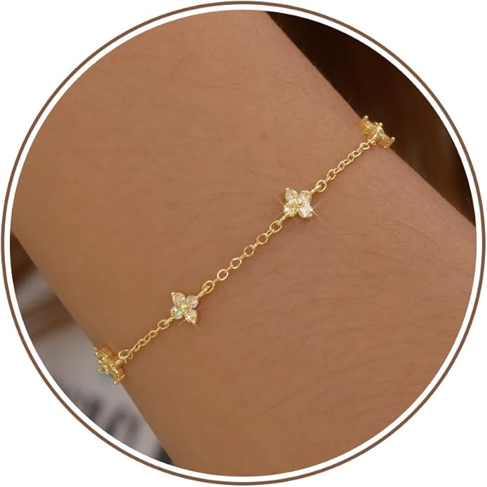 JSJOY Birthstone Bracelets for Women, 14K Gold Bracelets for Women Mom Gifts Birthday Valentines Day Gifts for Gf Dainty Flower Gift for Her Birthstone Bracelet Mothers Day Gift