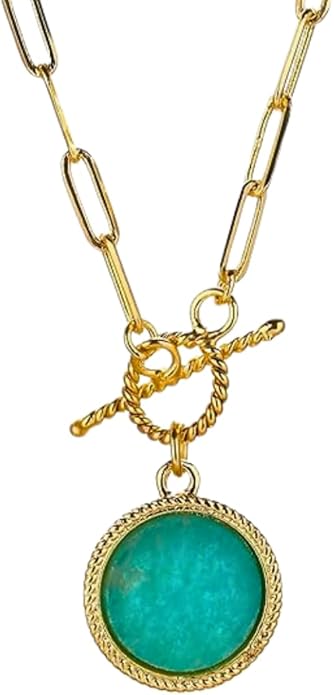Gempires Gemstone Coin Front Toggle Pendant Necklace for Women with Gold Paperclip Chain, Natural Crystal Pendant with Toggle Clasp, Handcrafted Perfect Jewelry Gift for her