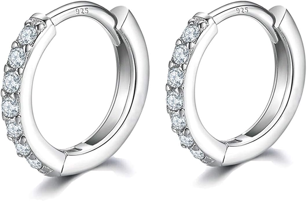925 Sterling Silver Small Hoop Earrings Cubic Zirconia Huggie Hoop Earrings, 3 Pairs 14K White Gold Plated Cartilage Piercing Earrings Ear Cuff Tiny Hoop Earrings for Women Men