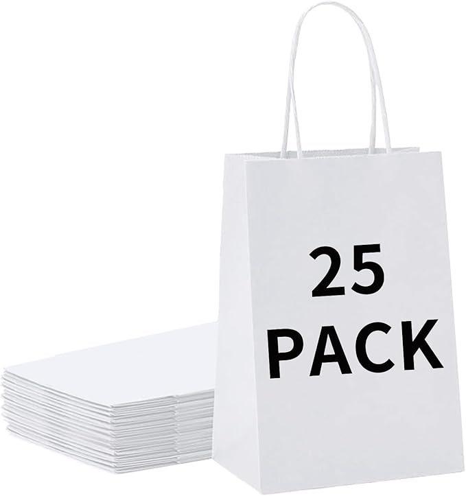 BAG BOX 25 Pack 8.25x4.3x10.6 Inch White Gift Bags with Handles,Bulk Kraft Paper Bags for Shopping, Retail, Merchandise, Wedding, Party Favors, Paper Grocery Sacks