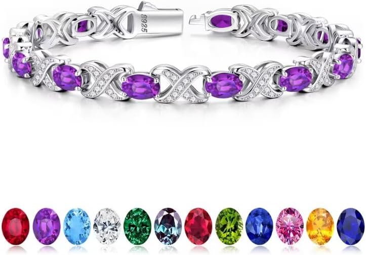 Iefil Valentines Day Gifts for Her, Oval Birthstone Tennis Bracelets for Women Wife Unique X O Design Fine Jewelry Anniversary Birthday Gift 925 Sterling Silver Birthstone Jewelry for Mom Girlfriend