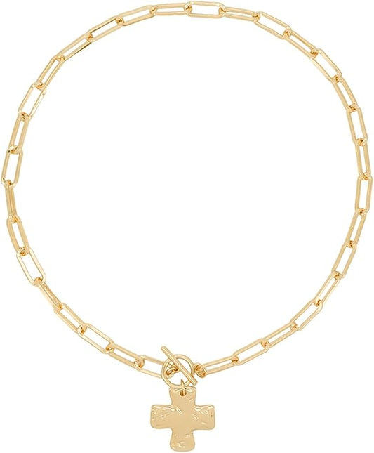 Gold Chunky Cross Necklace for Women - Statement Layered Hammered Cross Pendant Jewelry with Vintage Toggle Clasp, Bold Paperclip Chain Necklace Gift for Her