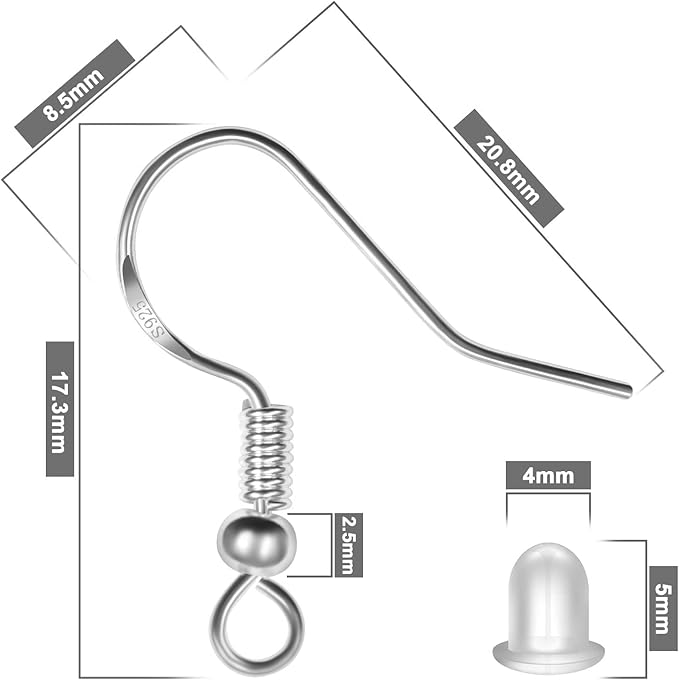 MENKEY 925 Sterling Mixed Earring Hooks 120 PCS/60 Pairs, Ear Wires Fish Hooksfor DIY Jewelry Making, Hypo-allergenic Jewelry Findings Parts with 120 PCS Clear Silicone Earring Backs Stoppers