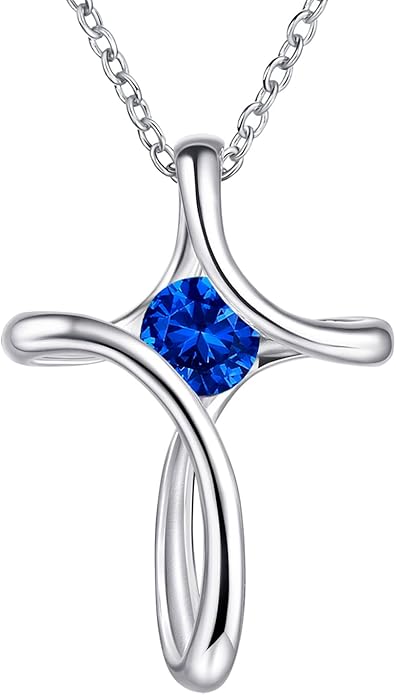 Cross Necklace for Women, 925 Sterling Silver Birthstone Necklace for Women with Diamond Sideways Cross Necklaces Birthstone Jewelry Birthday Gifts for Womens
