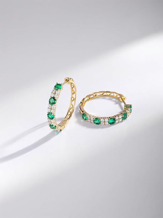 Women's Huggie Hoops with Birthstone 925 Sterling Silver Huggie Stud Hypoallergenic 14K Gold Plated Moissanite Earrings -Emerald Sapphire Ruby Hoop Earrings, Size 20 25mm