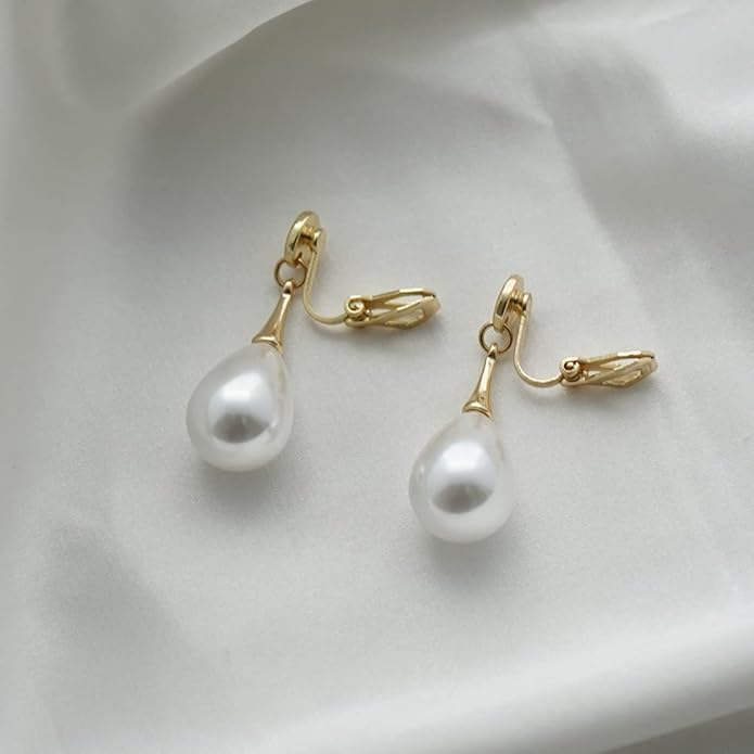 Pearl Clip on Earrings for Women Drop Clip Earrings for Women Gold Plated White Imitation Pearl Earrings Fashion