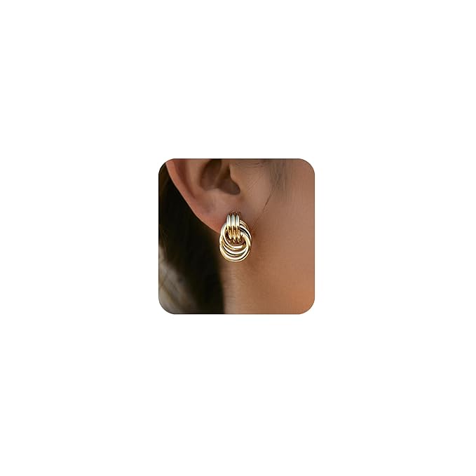 Gold Plated Chunky Gold Earrings for WomenKnot Link Circle Statement Drop Dangle Earrings Studs Trendy Jewelry