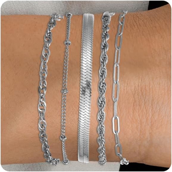 Silver and Gold Bracelets for Women Non Tarnish Waterproof Gold bracelet stack set, Adjustable 6.5"+2" Extender, Layered Bracelets for Women，Exquisite Jewelry Gift