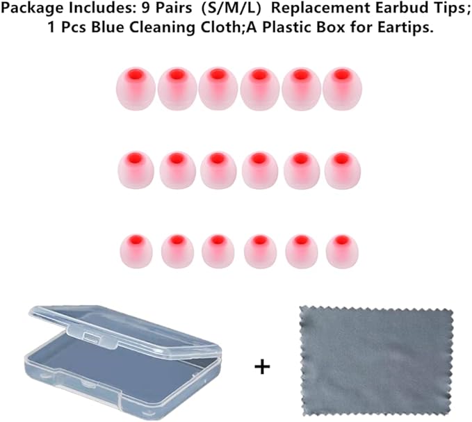 Earbud Replacement Tips Silicone Earbud Tips Headphone Earbud Tips Ear Gels Fit for Inner Hole from 3.8mm - 5.1mm Earphones 9 Pairs S/M/L Clear Red