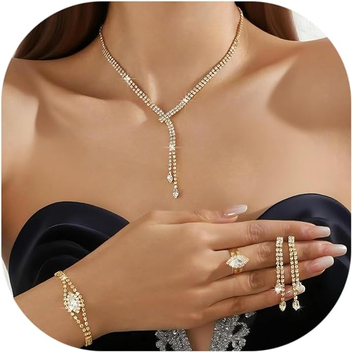 4 Pieces Cubic Zirconia Wedding Jewelry Sets for Bride Rhinestone Bridal Jewelry Set Necklace Bracelet Earring Ring for Brides Bridesmaid for Wedding Party