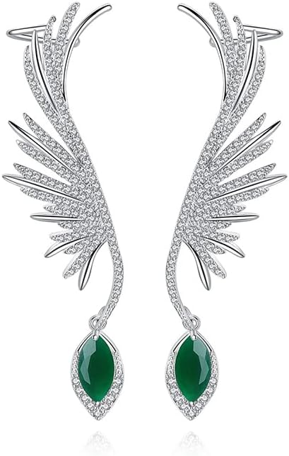 14K Gold Gemstone Feather Clip On Earrings for Women,Dainty Waterdrop Emerald Moissanite Angel Wing Ear Cuff,Fashion Christmas Jewelry Gift for Her