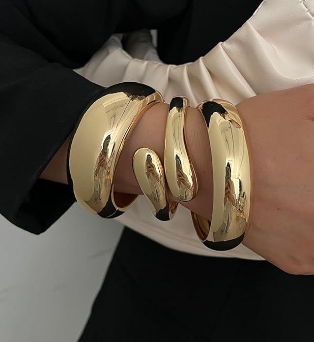 Chunky Gold Bangle Bracelets for Women, Dainty 14k Gold Plated Big Stackable Bangles Set, Trendy Statement Cuff Bracelet Stack Fashion Jewelry Christmas Gifts