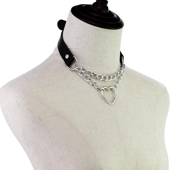 Harajuku Peach Heart Choker Punk Hauling Chain PU Leather Collar Gothic Necklace NightClub Goth Leash Belts