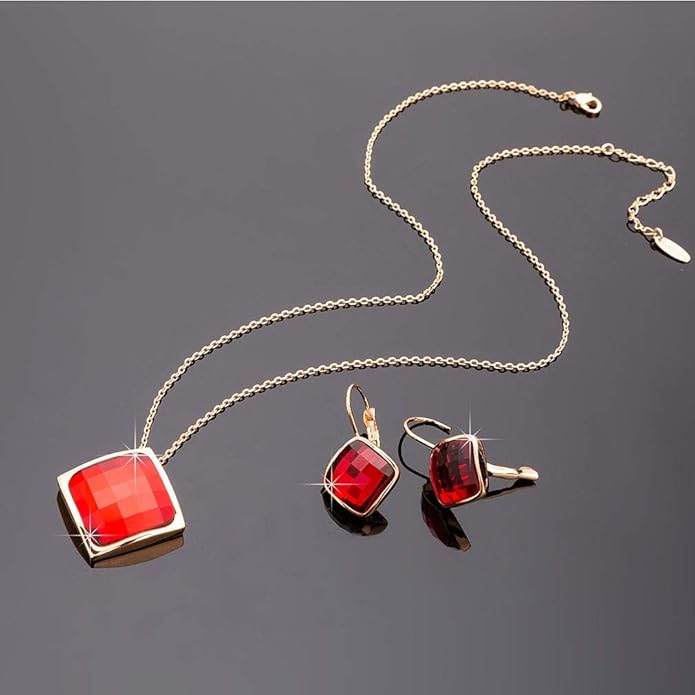 EVEVIC Square Austrian Crystal Necklace Earrings for Women Fashion 18K Gold Plated Hypoallergenic Jewelry Set