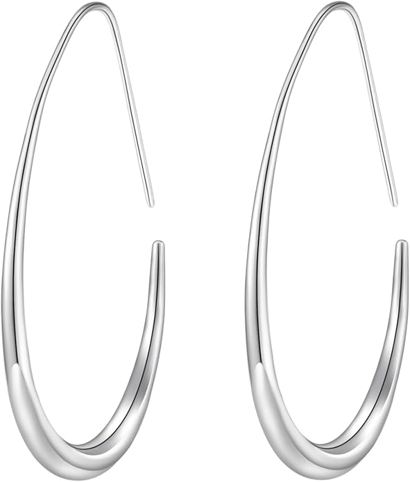 Lightweight Teardrop Hoop Earrings for Women - 14k Gold/White Gold Plated Large Oval Pull Through Hoop Earrings High Polished Statement Jewelry Gift for Women