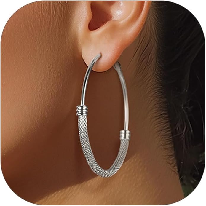 KeyStyle Mesh Hoop Earrings for Women, Stainless Steel Gold Hoops Earring Lightweight Loops, 2MM Thick Hypoallergenic Circle Endless Hollow Hoop 20mm-80mm
