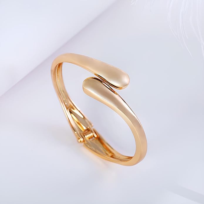 Golden Polished Chunky Twisted Hinged Waterdrop Bangle Bracelet for Women Spiraled Oval Bangle Bracelet