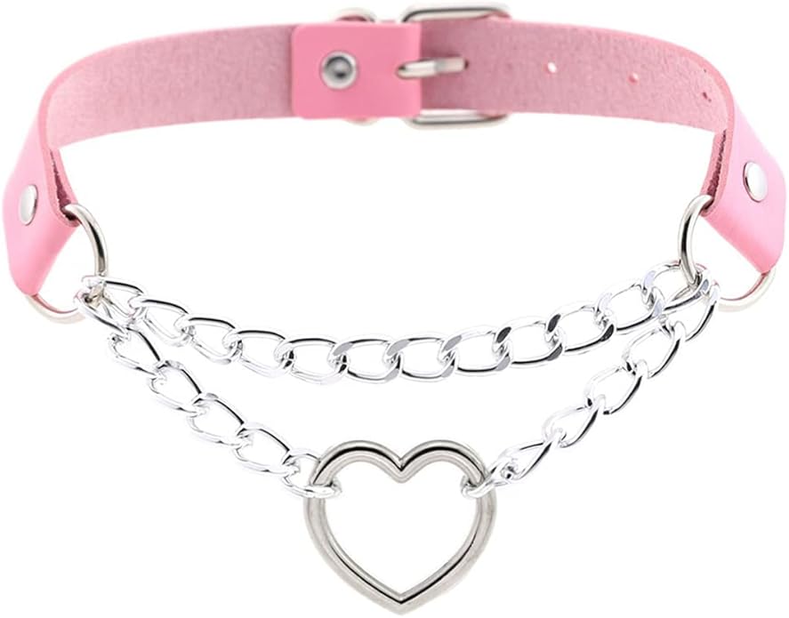 Harajuku Peach Heart Choker Punk Hauling Chain PU Leather Collar Gothic Necklace NightClub Goth Leash Belts